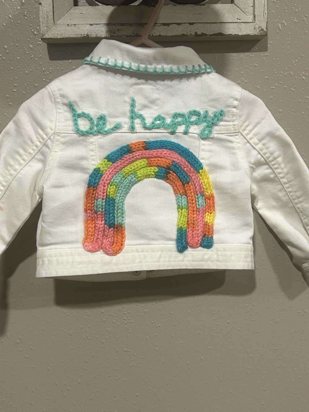 besametx Original Design Upcycled Kids White Denim Jacket with Rainbow Size 12m
